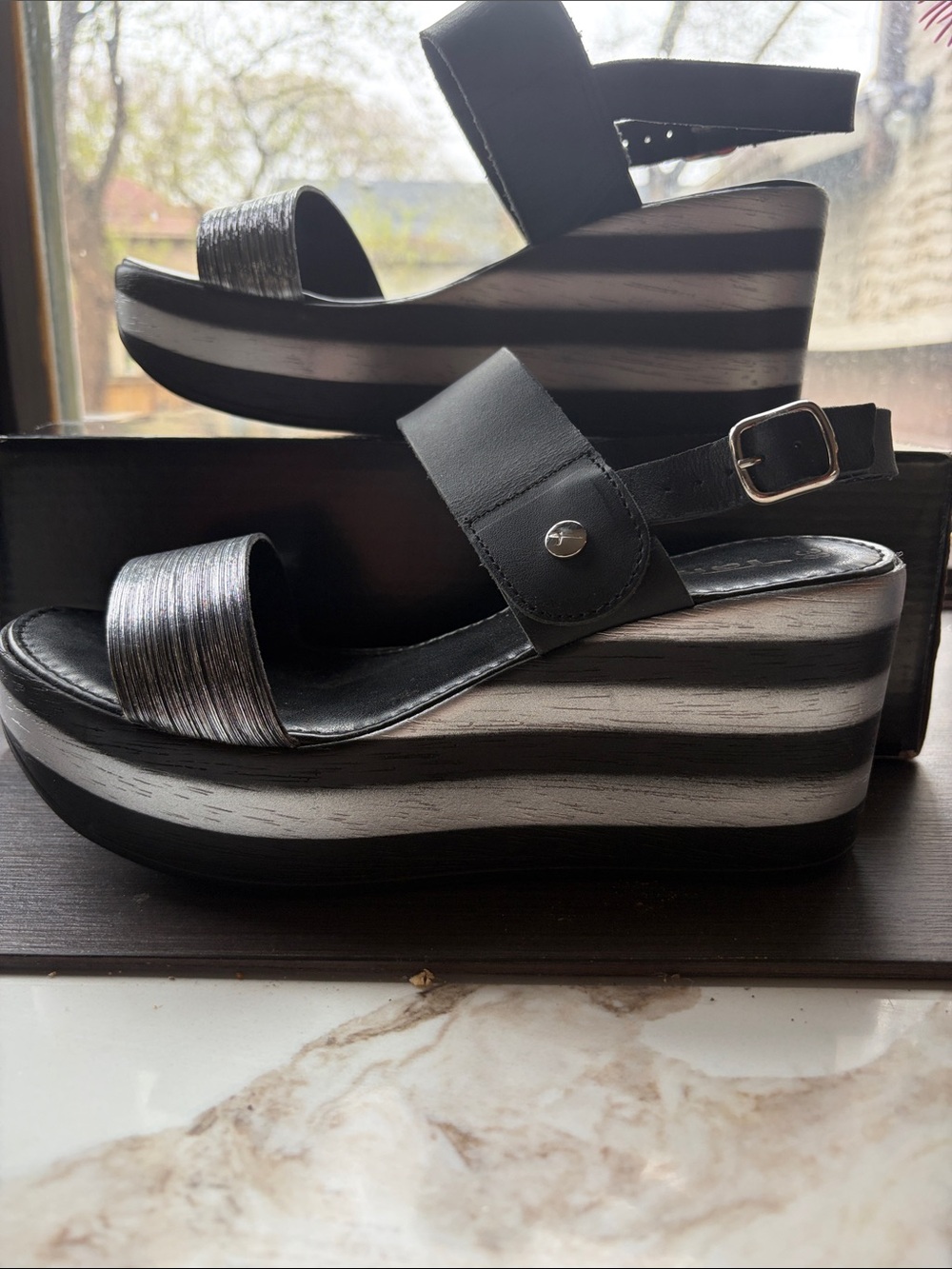 Tamaris Black Platform Sandals with Silver Stripes, size 38 made in Italy
